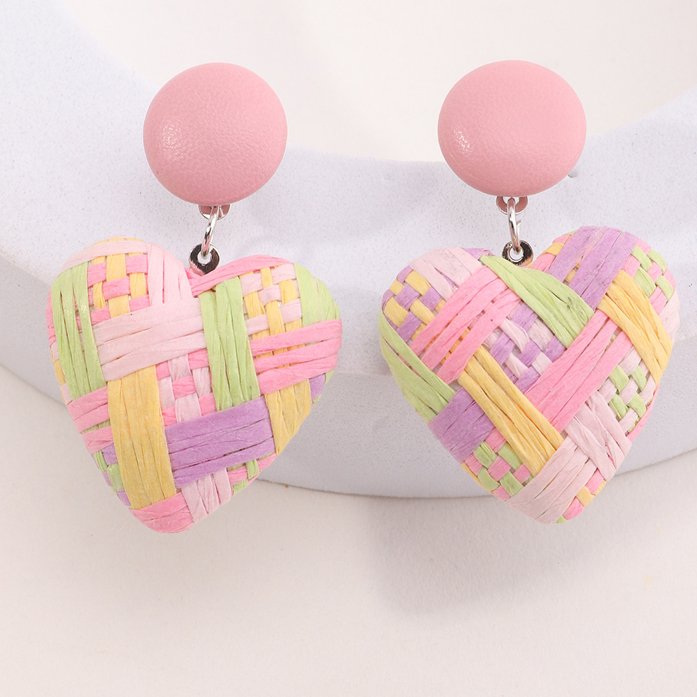 Boucles D&#39;oreilles Coeur Tressé Multicolore Raphia Style Ethnique display picture 5