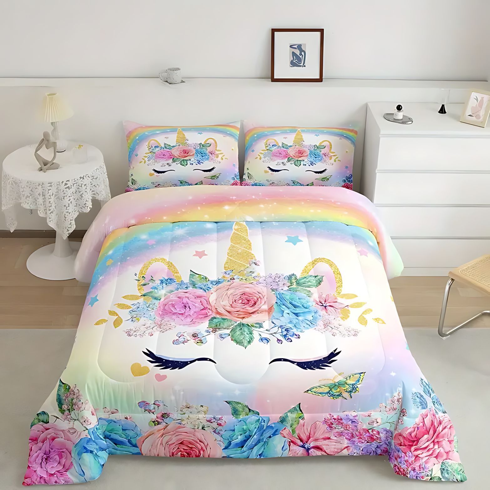 TEMU / JIT Unicornio de dibujos animados para niños impresión digital 3D 180gms colcha colchón conjunto de dibujos pueden hacer