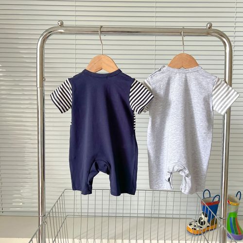 Ins Korean Version  Spring and Summer Male Infant and Toddler Climbing Suit with Pajama Style Top and Bottom, Bear Head Cartoon Climbing Suit