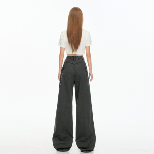 2025 135 Items Carbon Grey American Retro Design Pouch Work Pants for Men and Women Loose High Street Straight Leg Casual