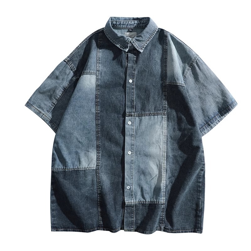 American Style Splicing Contrasting Denim Shirt Men's Summer Design Versatile Shirt Loose Design Casual Jacket