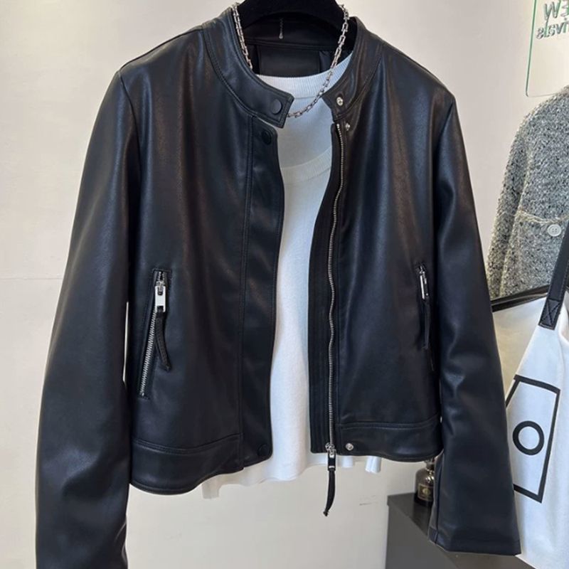 Thickened Leather Jacket Women's Short 2025 Spring & Fall New Style Stand-Up Collar Slim Fit Versatile Motorcycle Jacket Small Leather Jacket
