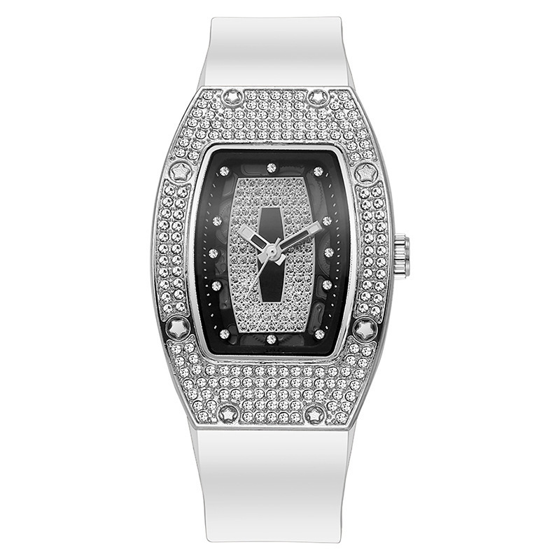 Barrel-shaped Diamond-inlaid Quartz Strap Women's Watch Fashion Trendy Temperament Ladies Wristwatch Silicone Watch Wholesale White