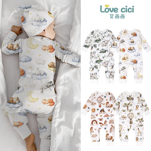 Aixixi sleeping bag/summer thin cotton split-leg sleeping bag/infant class A long sleeve anti-kick air conditioning jumpsuit