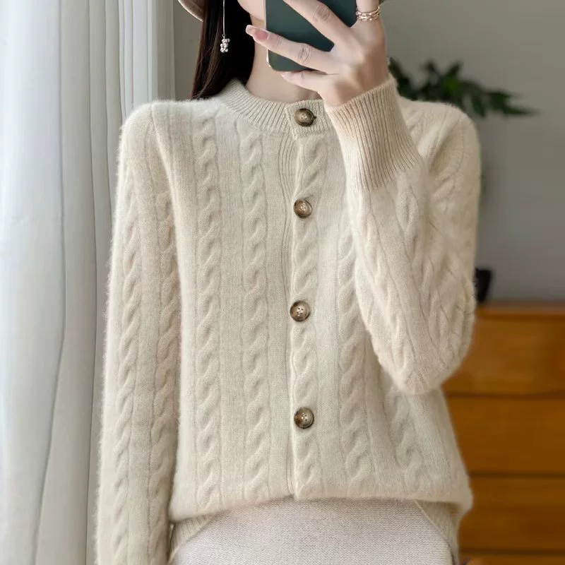 Шерстяной кардиган, свитер, куртка с круглым воротом, oversize