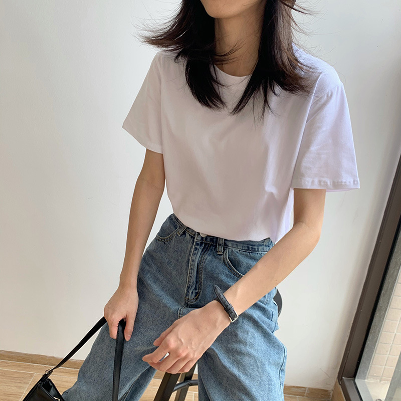Spring summer base body-friendly white solid color T-shirt for…