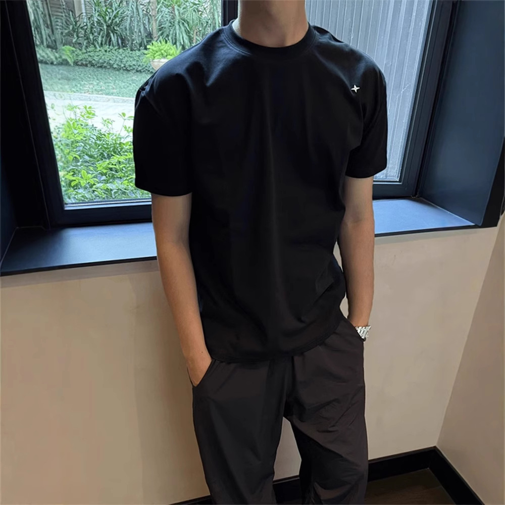 블랙 폴라리스 자수 오른쪽 어깨 반팔 남성 여름 미국 슬림 피트 코튼 쿨 반팔 티셔츠