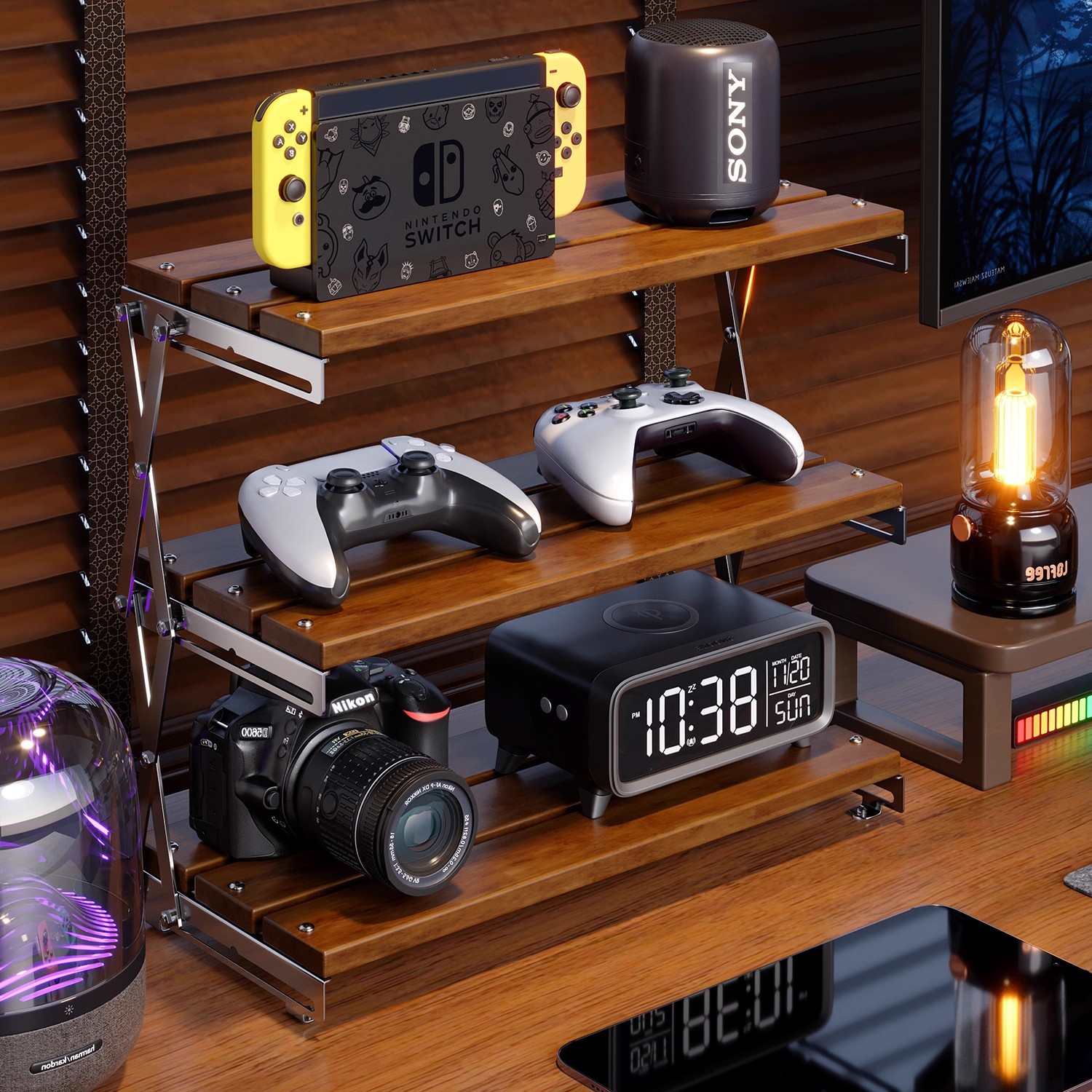 Estante de almacenamiento de escritorio multicapa en la mesa de deportes electrónicos estante de almacenamiento de escritorio de computadora estante plegable de máquina de juegos de madera sólida soporte de mango