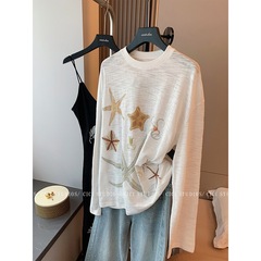 设计感海星烫钻印花长袖t恤女秋别致慵懒风休闲显瘦宽松防晒上衣