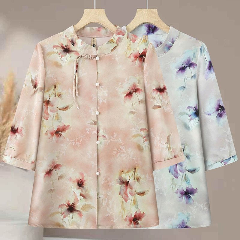Мама платье 2025 рубашка весна и осень новый средний и пожилой женщины свободный топ для пожилых людей рубашка с принтом моды