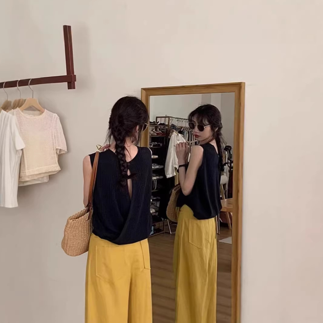 Áo hai dây nữ dệt kim mát lạnh phong cách Pháp hở lưng tinh tế — đen chi tiết 2
