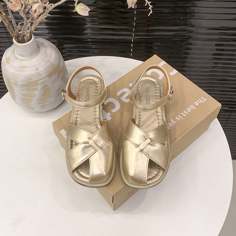 Baotou sandalias de mujer verano transpirable estilo nuevo tacon grueso de hadas estilo universal botón de playa zapatos de mujer