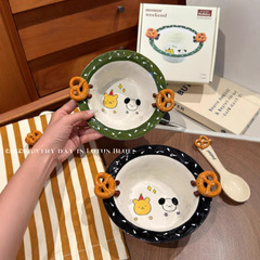 新型韓国ボタン豆丁シリーズアニメ陶磁器家庭用ペット碗高足碗手描き釉薬下彩分食皿