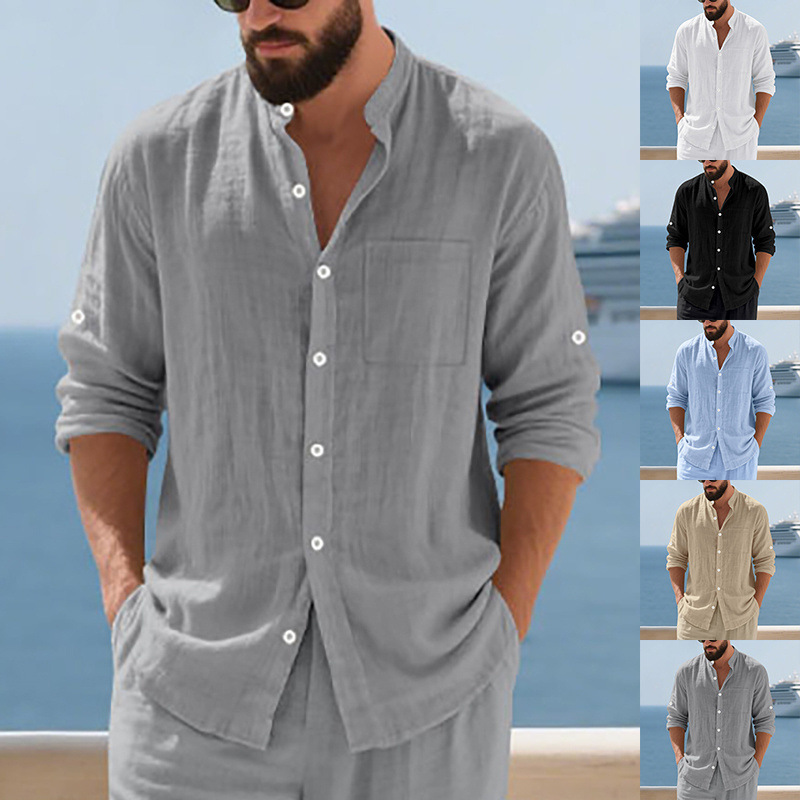 Cross-Border European and American Autumn Loose Breathable Linen Vacation Casual Men's Henry American Button Stand Collar Long-Sleeved Shirt