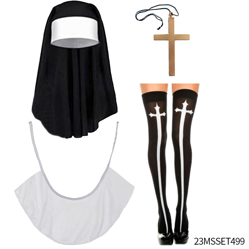 Halloween sexy cosplay monjas juegan disfraz ropa pañuelo calcetines collar crucifix set
