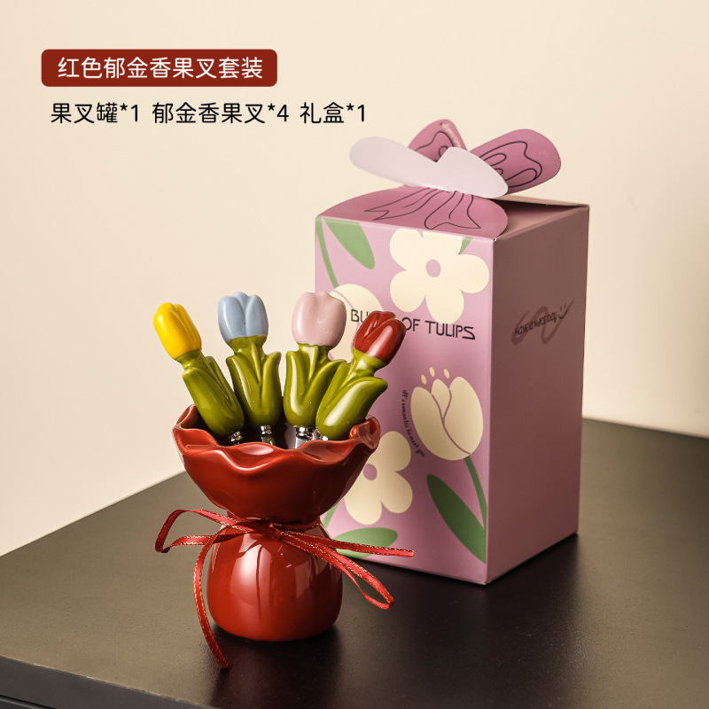 可爱甜品水果签水果叉家用餐具不锈钢高颜值喜庆收纳罐小叉子套装|undefined