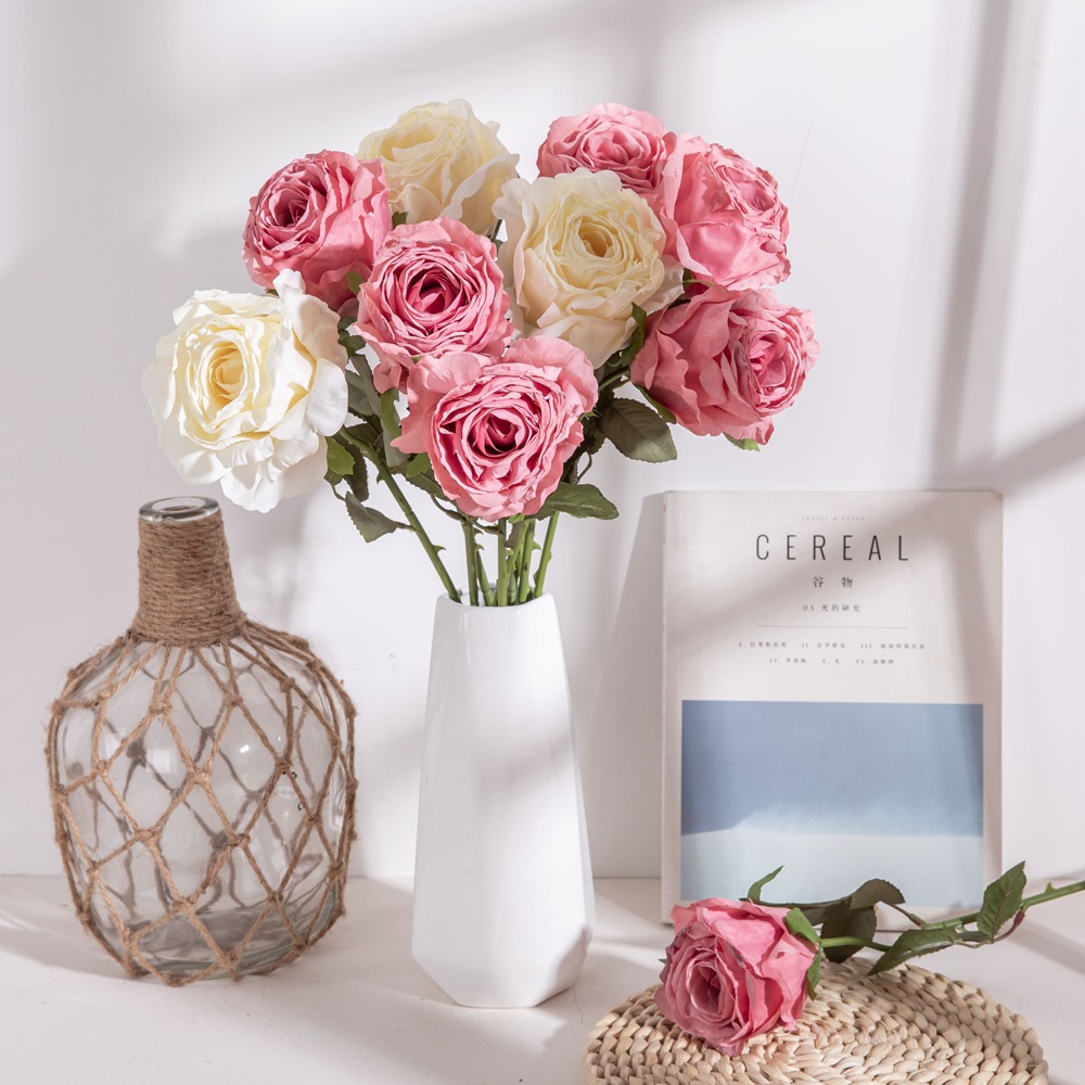 干燒大玫瑰仿真花家居裝飾廠家假花INS風跨境婚慶批發YC1021