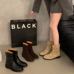 粗跟复古绒面黑色马丁靴女鞋2025切尔西套筒卡其色短靴春秋单靴子