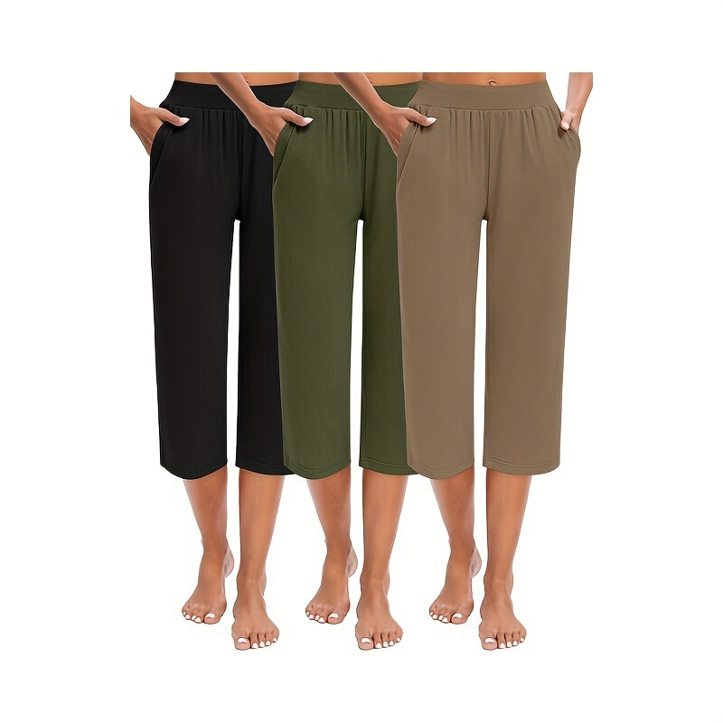 2026 Cross-Border New European and American 3-Piece Women's Capri Jogging Pants (Polyester) Waist Sports Pants