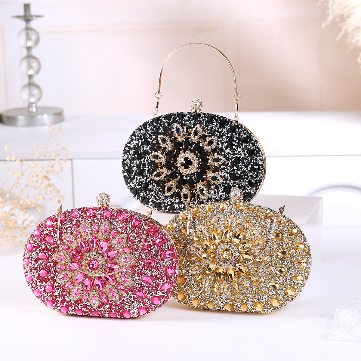 337g Weight Polyester Lining Material Lock clasp Closure Type Top Handle Strap Type Evening Bag Bags Type Party Occasion Pu Leather Material Printing Pattern All Seasons Season Women's Gender Diamond Design Elegant Style Oval Shape Small Size Pu Leather Printing Oval Evening Bags 18