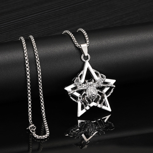 Cross-border Western men's wolf tooth necklace, hip-hop personality feather cross pendant, gothic spider accessory chain