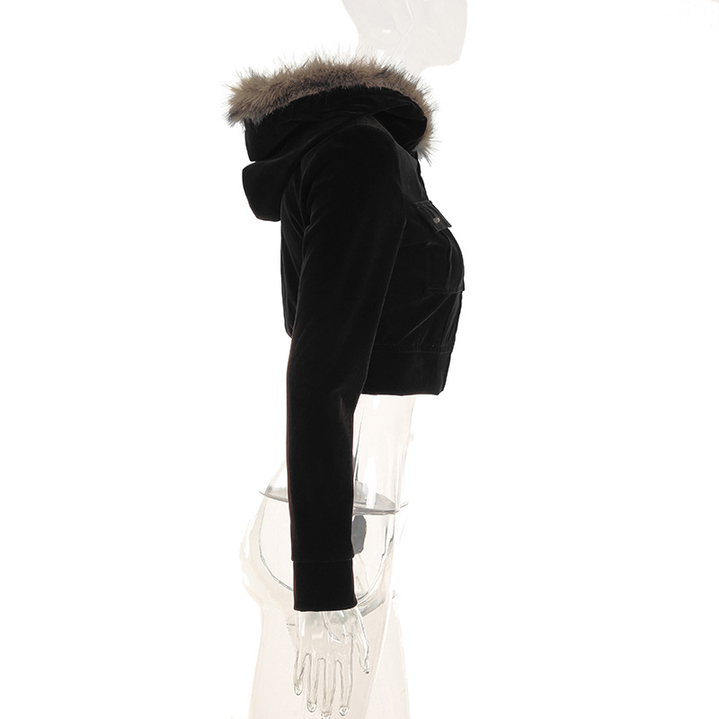 Women Fur Stitching Hooded Zip Cardigan Pocket Design Jacket Autumn Winter Solid Color Sexy Velvet Coat
