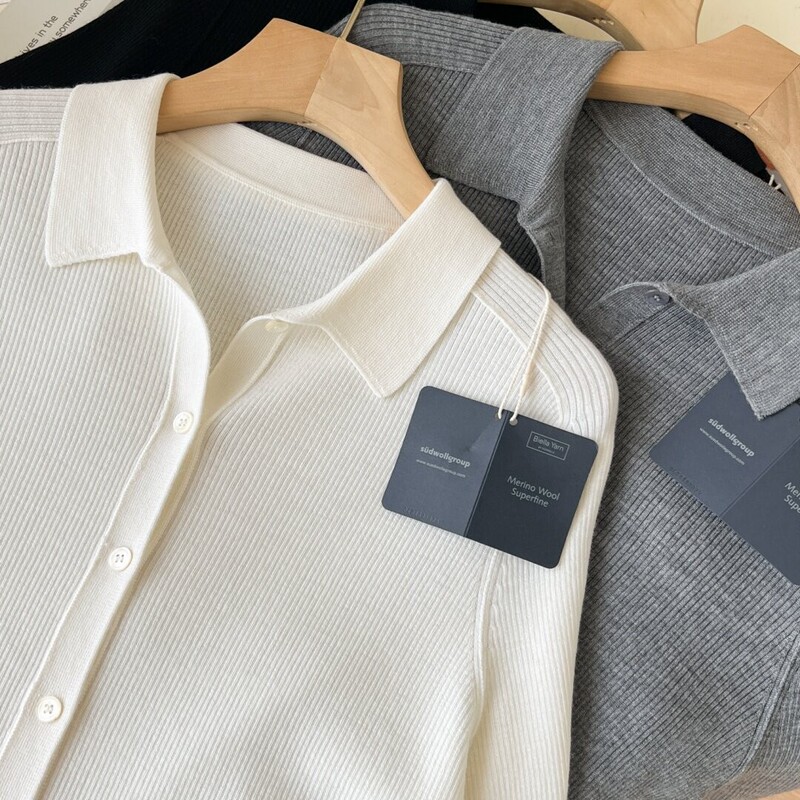 Yangzi Yarn 100 Fine Wool Polo Collar Knitted Cardigan for Women, Slim Fit, Simple Korean Style, Long Sleeve, Thin Sweater, Trendy Yangzi Yarn 100 Fine Wool Polo Collar Knitted Cardigan for Women, Slim Fit, Simple Korean Style, Long Sleeve, Thin Sweater, Trendy