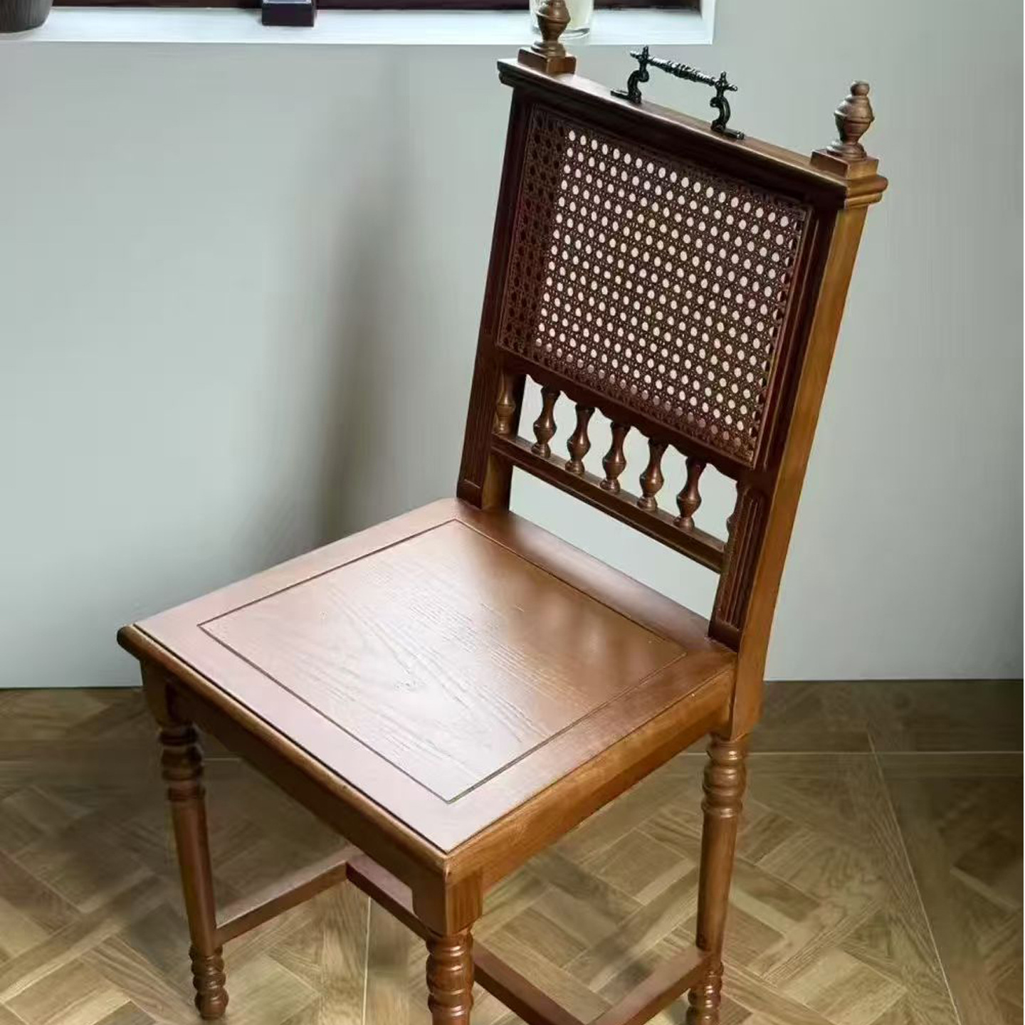 沉光手提椅法式复古实木椅美式餐厅家用藤编餐椅家用卧室梳妆凳子