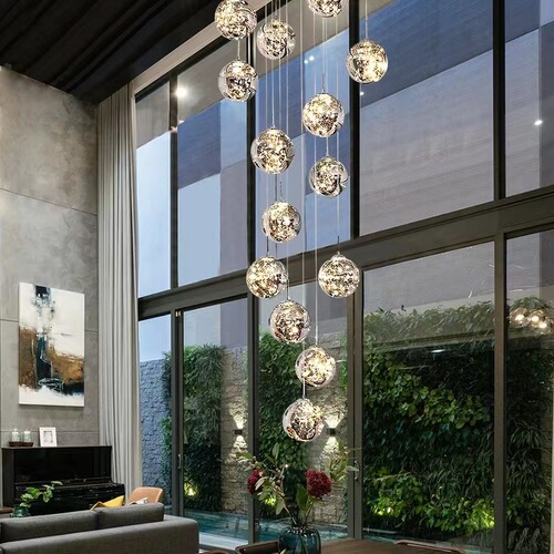 Starry Sky Staircase Long Chandelier, Modern Minimalist Villa Loft Apartment Mezzanine Glass Living Room Grand Chandelier