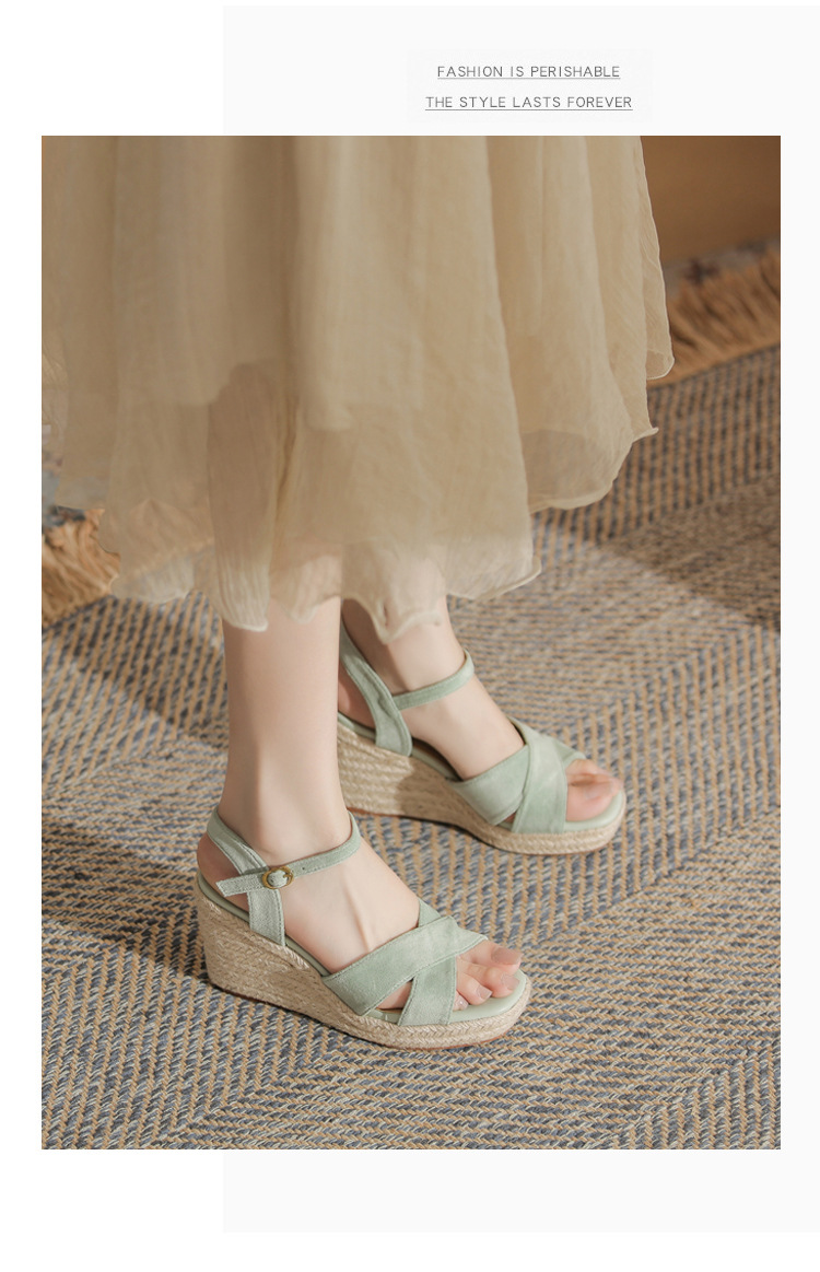 Sandal cao gót nữ hở mũi đế xuồng gót cao 9 cm, quai ngang đan dây thừng — Xanh lá cây nhạtcolor chi tiết 14