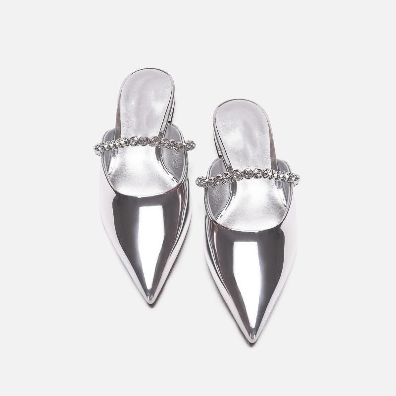 Spring/Summer New Gemstone Chain Pointed Toe Silver Shoes Women's Outerwear Closed Toe Half Slippers Slimming Flat Mules_voghion.com