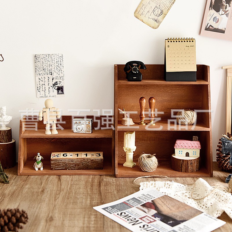 复古实木办公室收纳整理架桌面置物架化妆品香水收纳