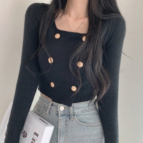 Autumn Hong Kong-style pure desire design square collar button short-sleeve long-sleeve base knit sweater trendy simple women's top