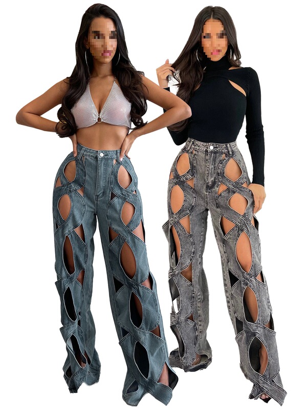 Hr23112 European and American Clothing Stretch Denim Fabric Personalized Twist Cut Out Loose Large Straight Jeans