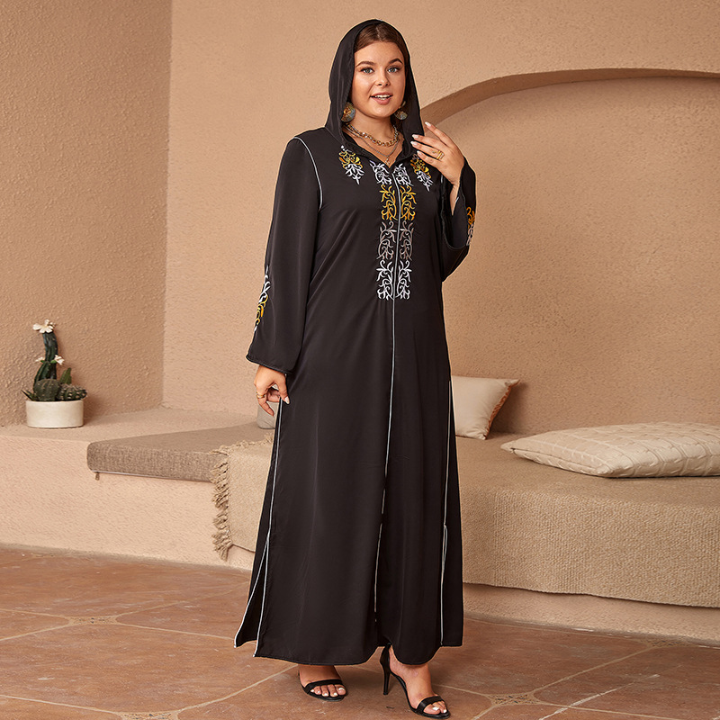 Cross-Border Source Middle Eastern Muslim Ethnic Embroidered Satin Long Sleeve Plus Size Loose Dress Robe_ecoleips.com
