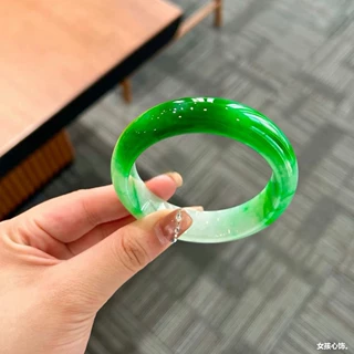 缅甸玉镯天然翡翠手镯少女款半山水飘绿冰种老坑翡翠玉手镯子时尚