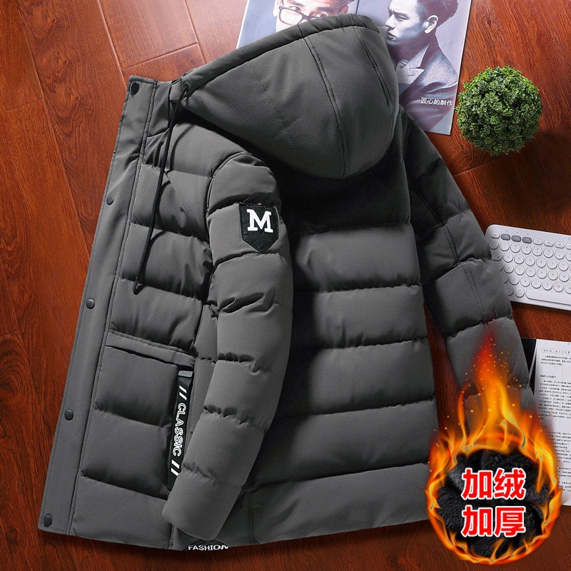 618男款连帽冬季休闲保暖加厚加绒棉袄中长款M字排骨外套