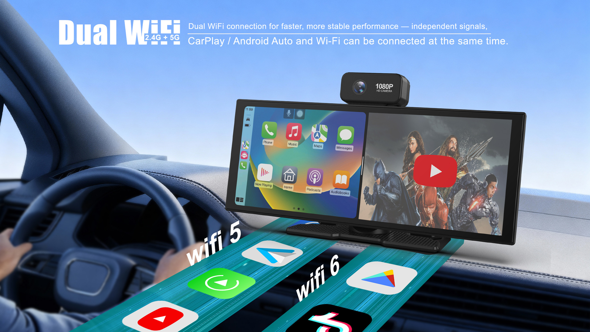 11.4inch Dashcam with Front and Rear Dual Recording, Wireless Carplay, Smart Screen, In-Car Navigation, Large Car Screen