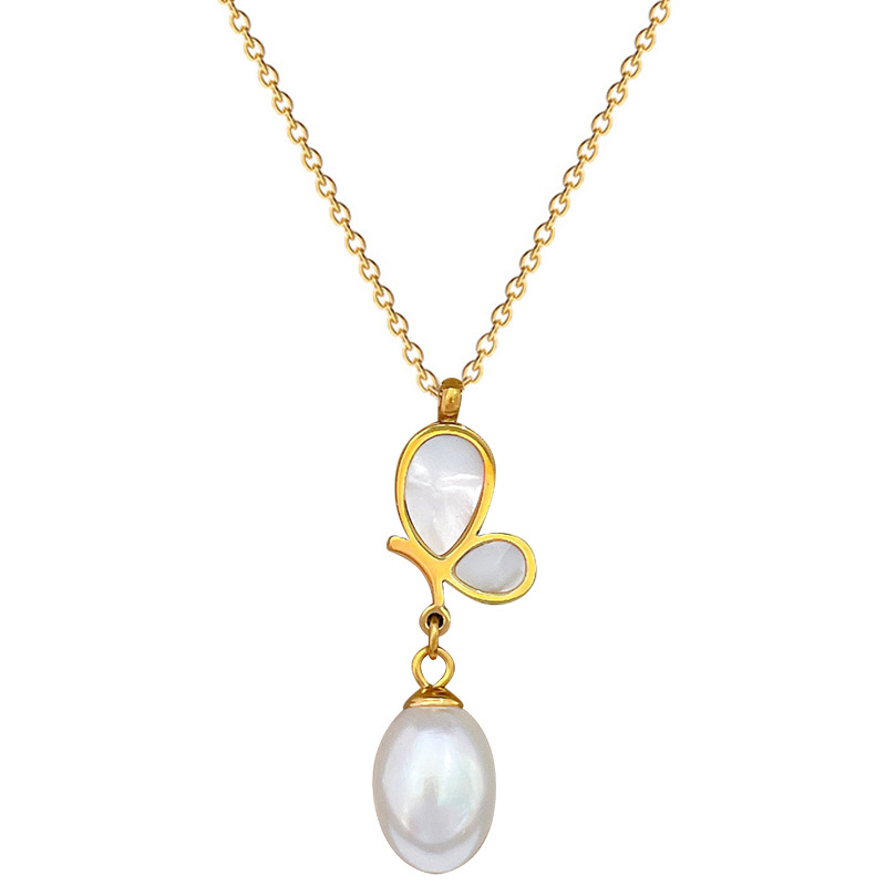 Collana donna in acciaio titanio con farfalla e perla minimalista_voghion.com
