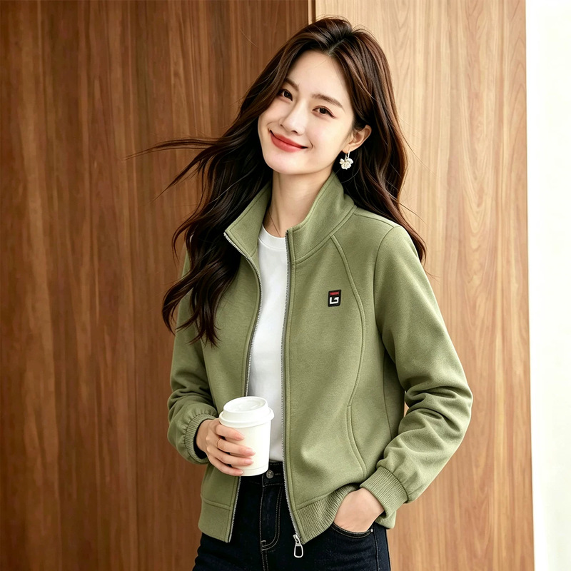 Women's stand-collar cardigan sweatshirt short jacket, 2026 spring/autumn new style, this year's trendy casual zip-up jacket Women's stand-collar cardigan sweatshirt short jacket, 2026 spring/autumn new style, this year's trendy casual zip-up jacket