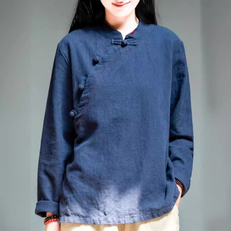 綿とリネンのレトロなスタンドカラー長袖レディース2025春秋新作中国茶服ボタンプルオーバートップ長袖Tシャツ|undefined