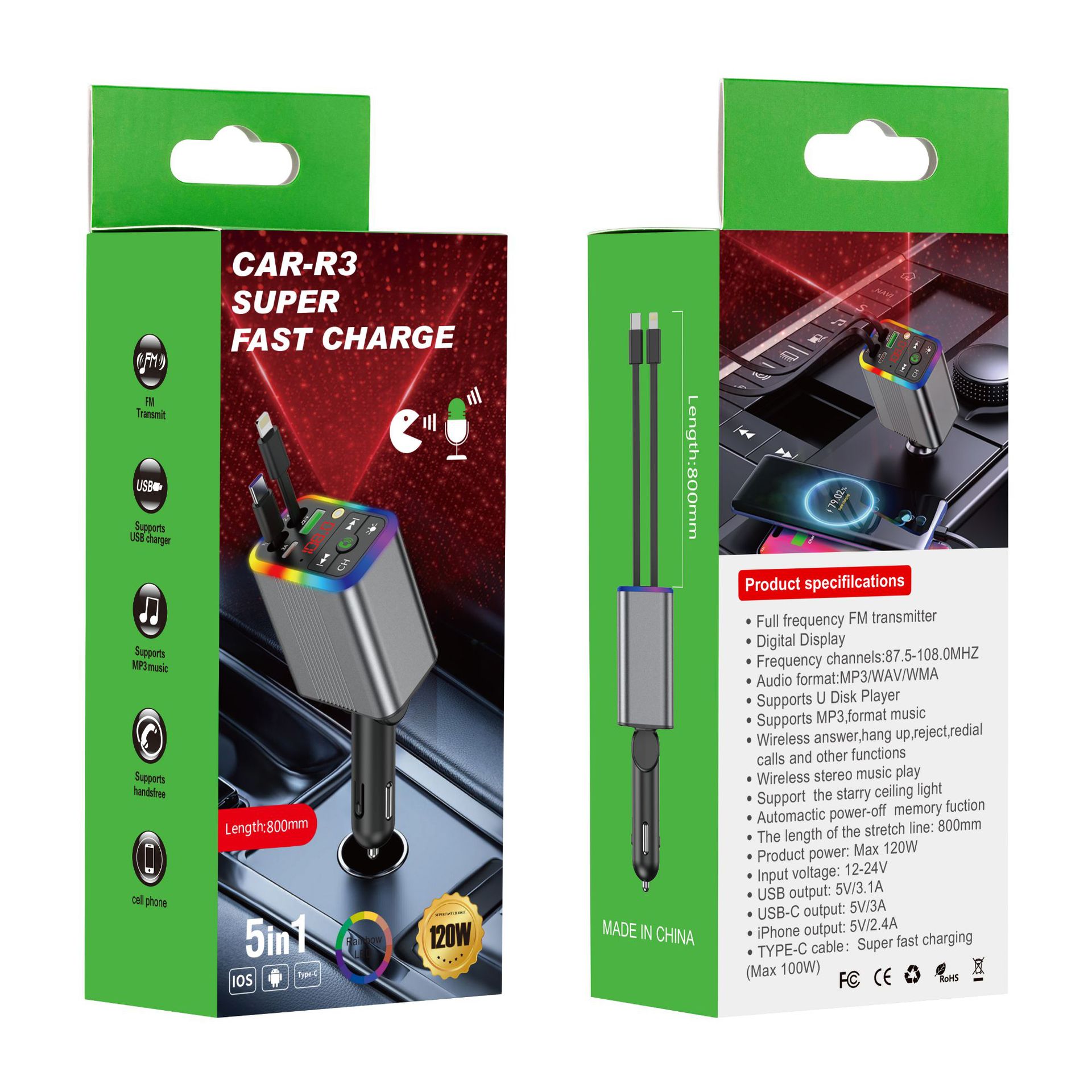 R3 car charger, Bluetooth MP3 receiver, starry sky ambient lighting, built-in retractable cable, fast charging, cross-border supply