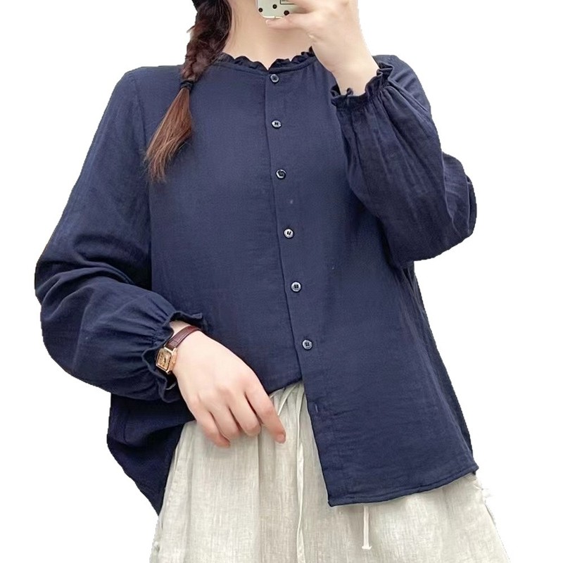 洋气女士衬衫春秋新款木耳领双层棉纱文艺减龄宽松简约纯色衬衣|undefined