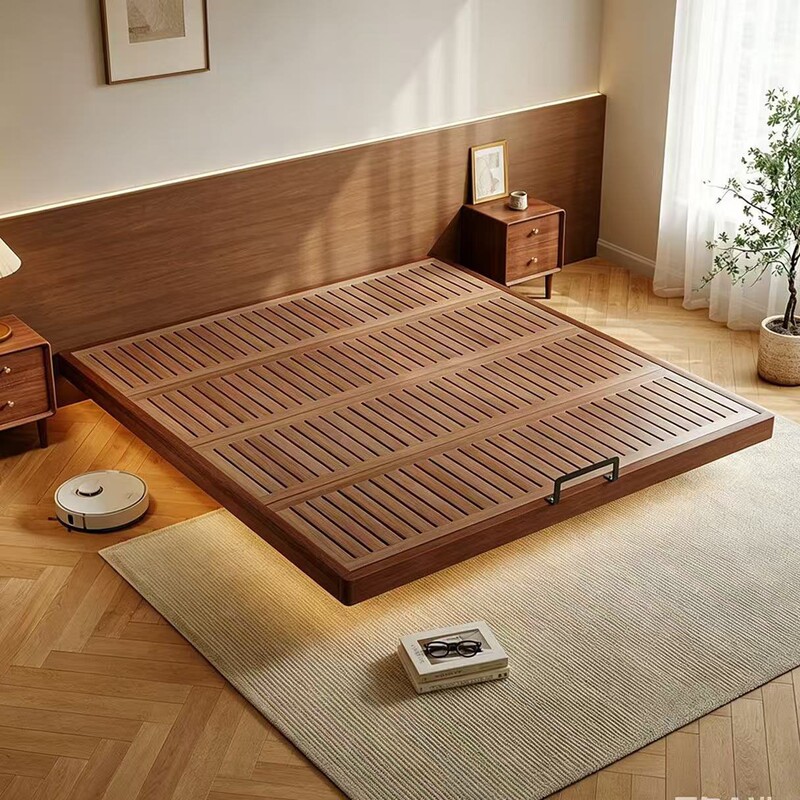 Walnut Solid Wood Double Bed Frame Without Headboard, Suspended Bed, Tatami, Small Apartment, Retro Style, No Backrest Walnut Solid Wood Double Bed Frame Without Headboard, Suspended Bed, Tatami, Small Apartment, Retro Style, No Backrest