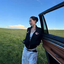 F383 美式复古美拉德爱心刺绣立领针织衫女秋季休闲修身显瘦外套