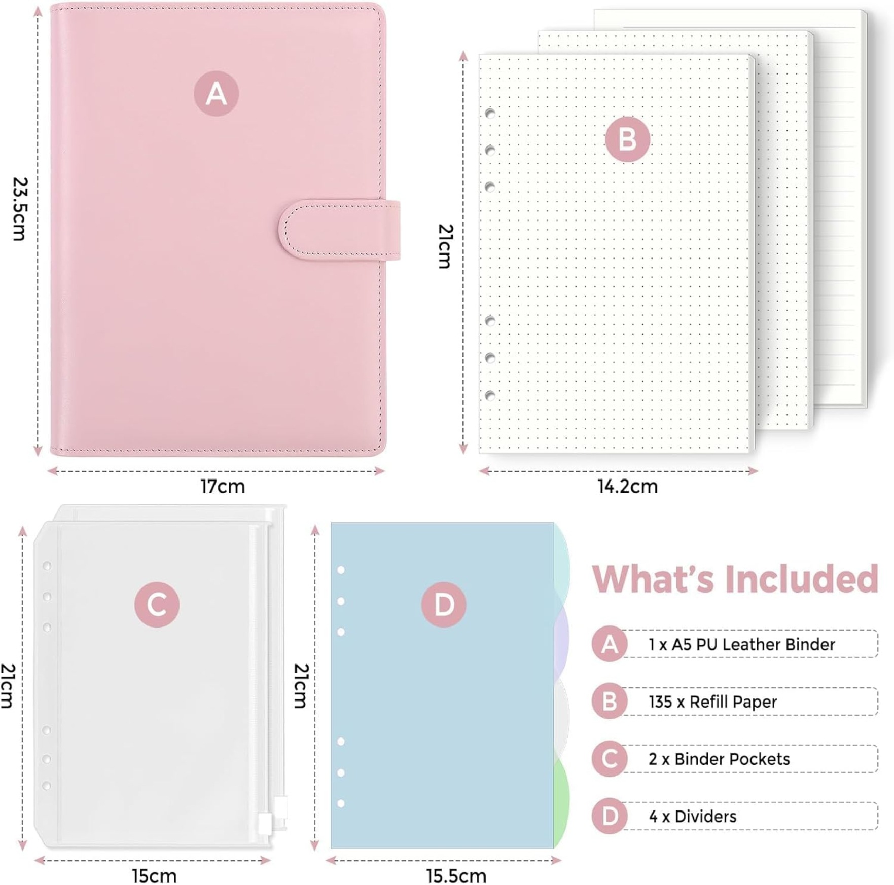 A5 마카롱-핑크 (지퍼백 2개 + 컬러 페이지 카드 4개 + 도트 매트릭스 90개 + 가로줄 45개)