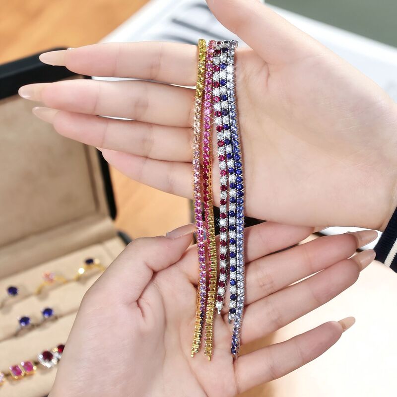3mm colorful gradient lab-grown gemstone tennis bracelet, S925 silver inlay, exquisite and luxurious high-end jewelry with full diamond inlay 3mm colorful gradient lab-grown gemstone tennis bracelet, S925 silver inlay, exquisite and luxurious high-end jewelry with full diamond inlay
