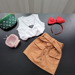 Cross-border children's clothing girls' summer new style set solid color sleeveless top short skirt two-piece set European and American style fashion 