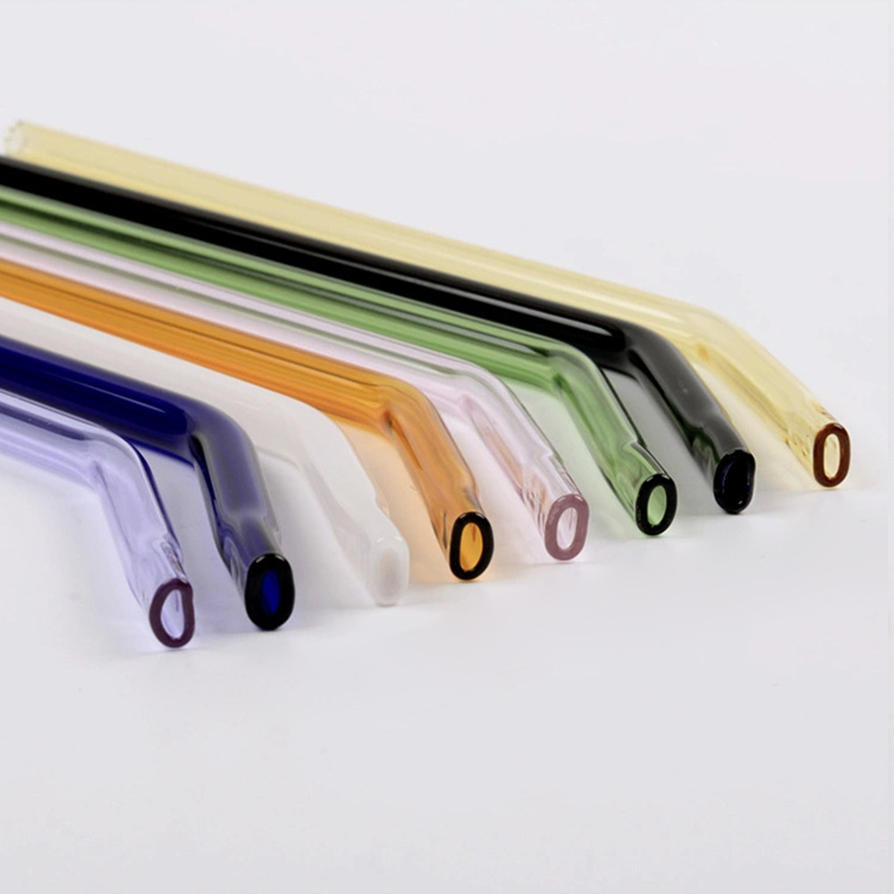 Arte colorido creativo vidrio paja borosilicato jugo leche boca plana giratoria curvada paja para mujeres embarazadas y niños