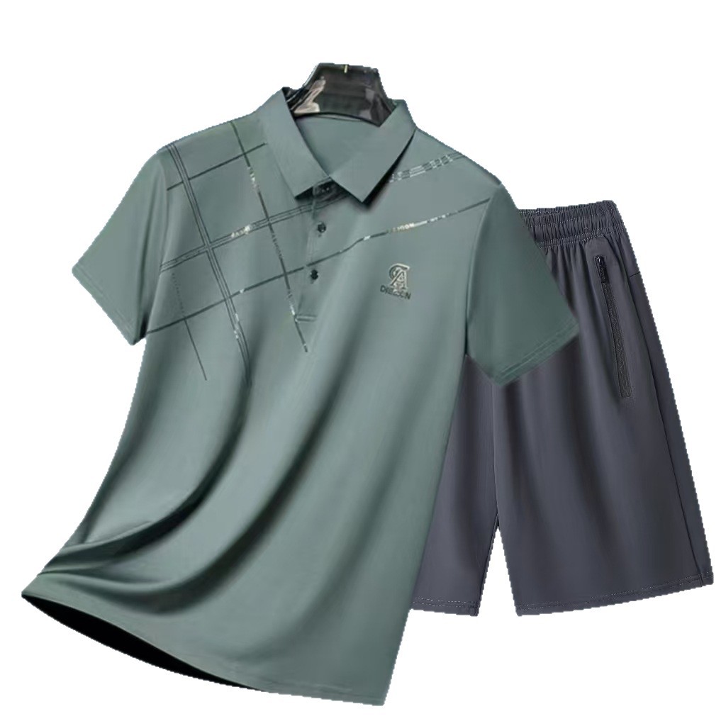 Seamless Ice Silk Shorts, Short-Sleeved T-Shirt Two-Piece Set, Middle-Aged Men's Dad Two-Piece Casual Polo Shirt Suit